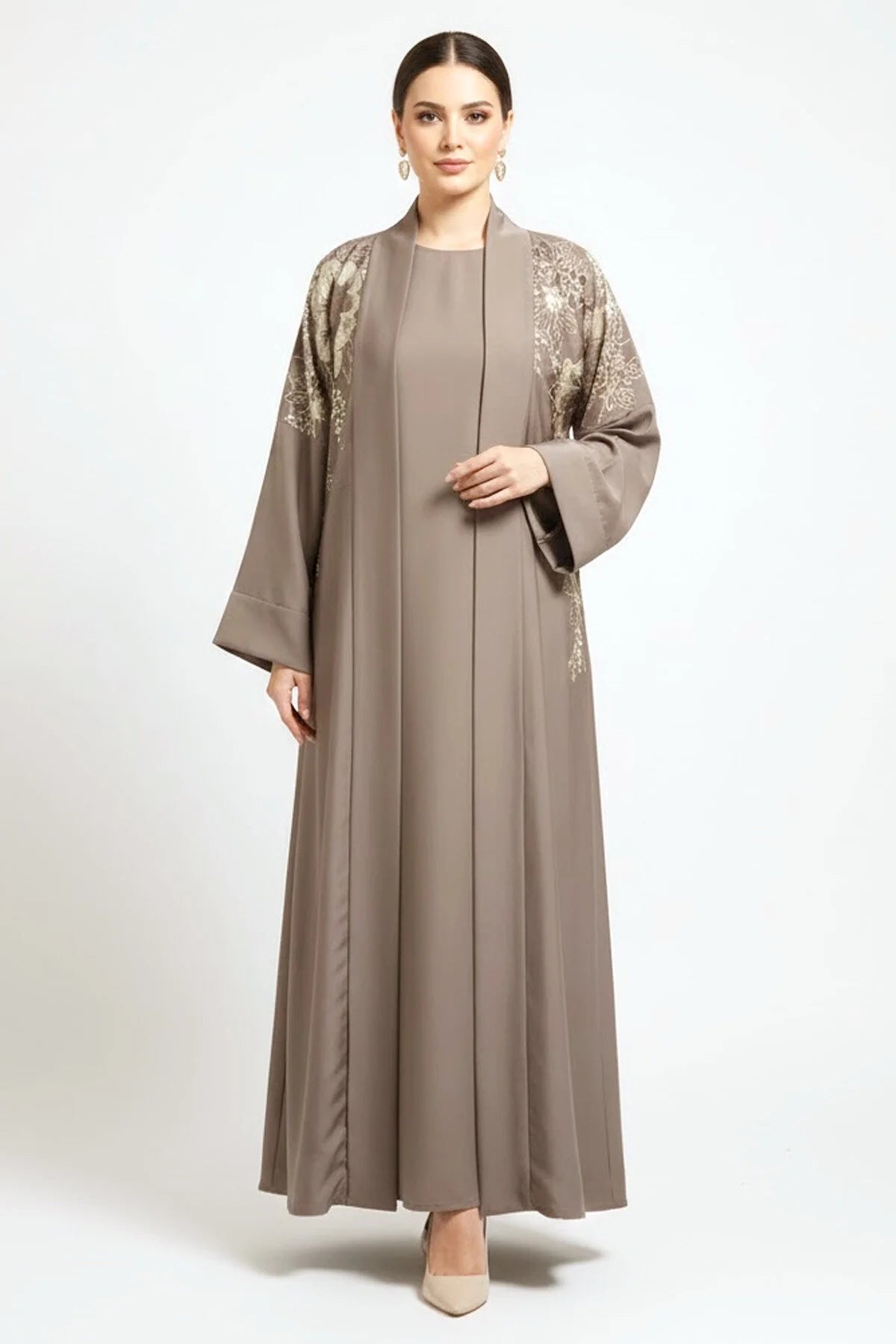 Premium Khaki Open Abaya Set With Inner