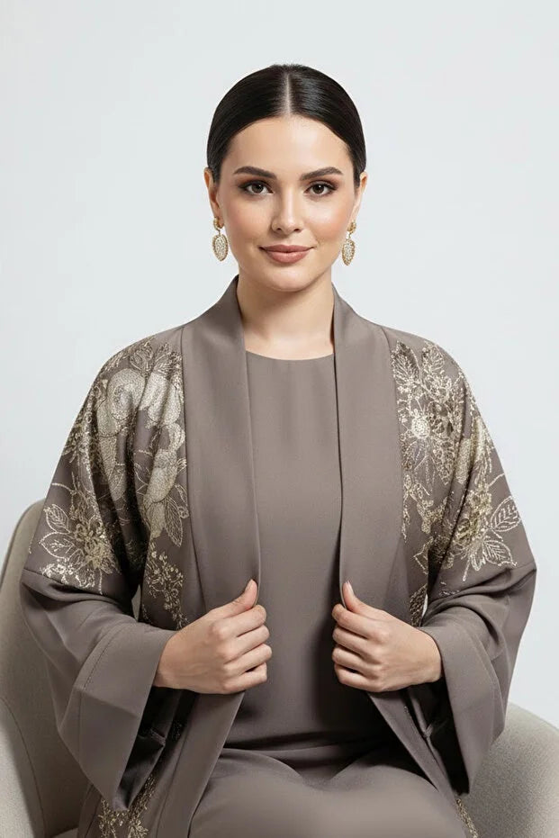 Premium Khaki Open Abaya Set With Inner