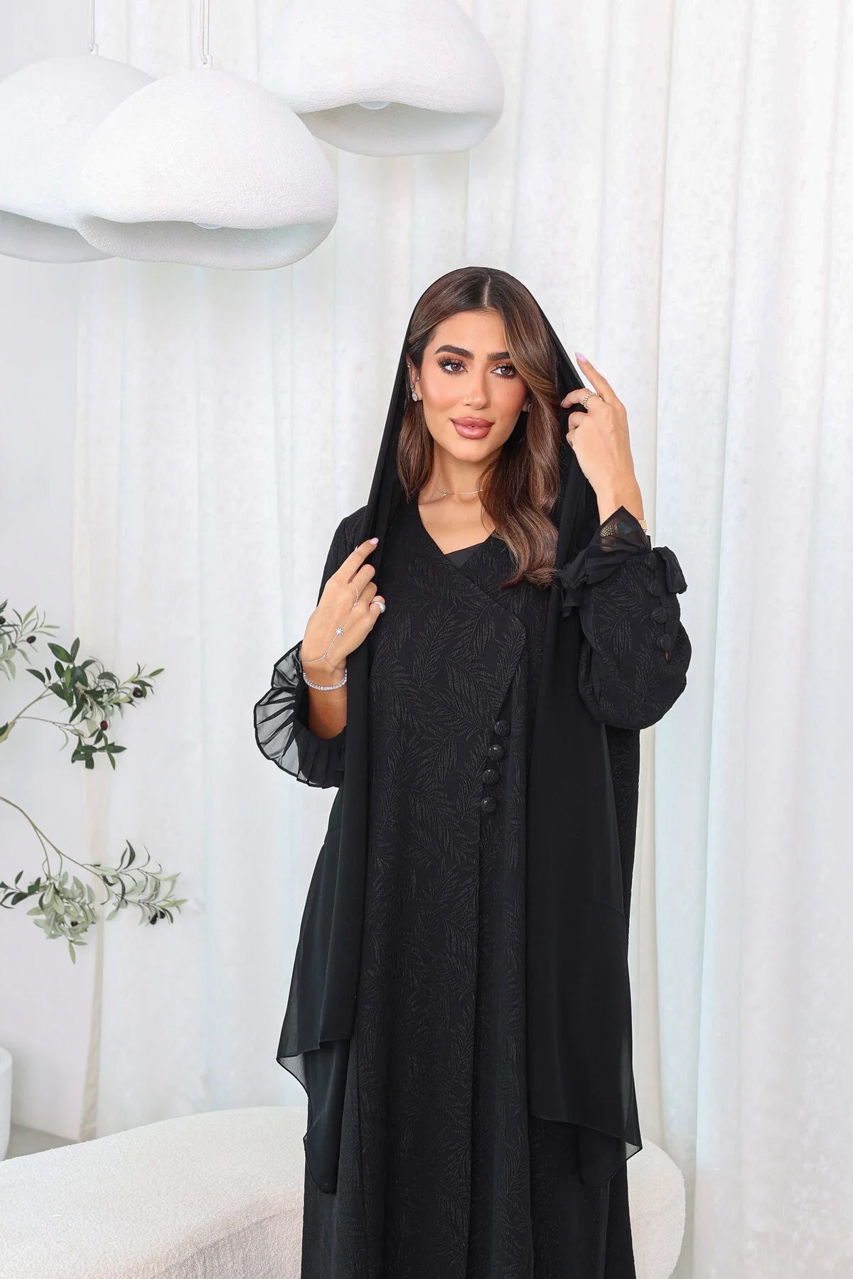 Black Jacquard Abaya with Chiffon Layer and Button Sleeve Details