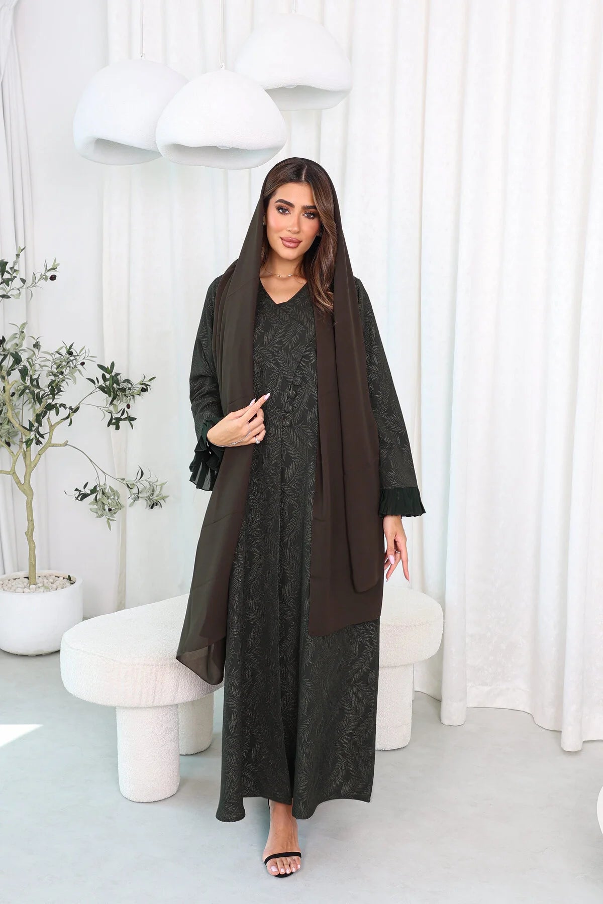 Green Jacquard Abaya with Chiffon Layer and Button Sleeve Details