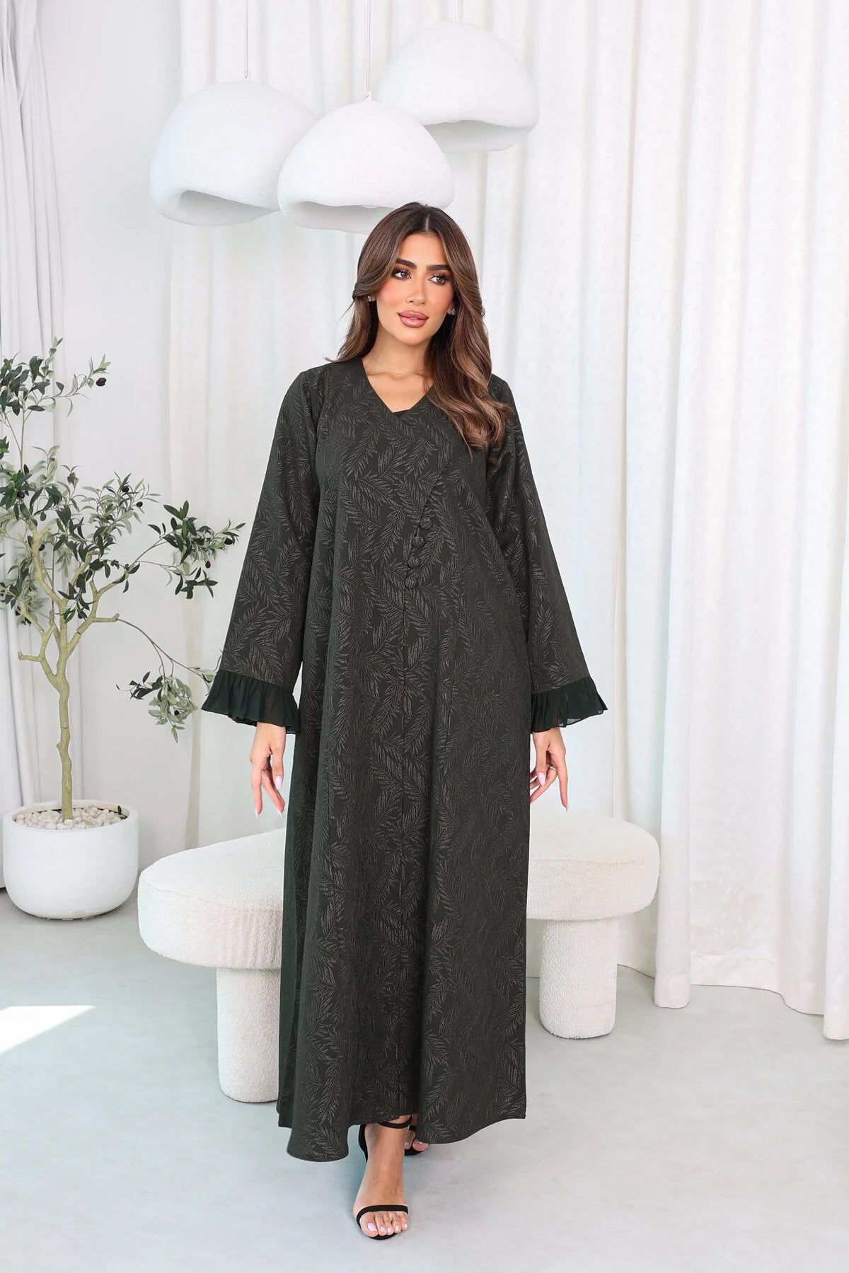 Green Jacquard Abaya with Chiffon Layer and Button Sleeve Details