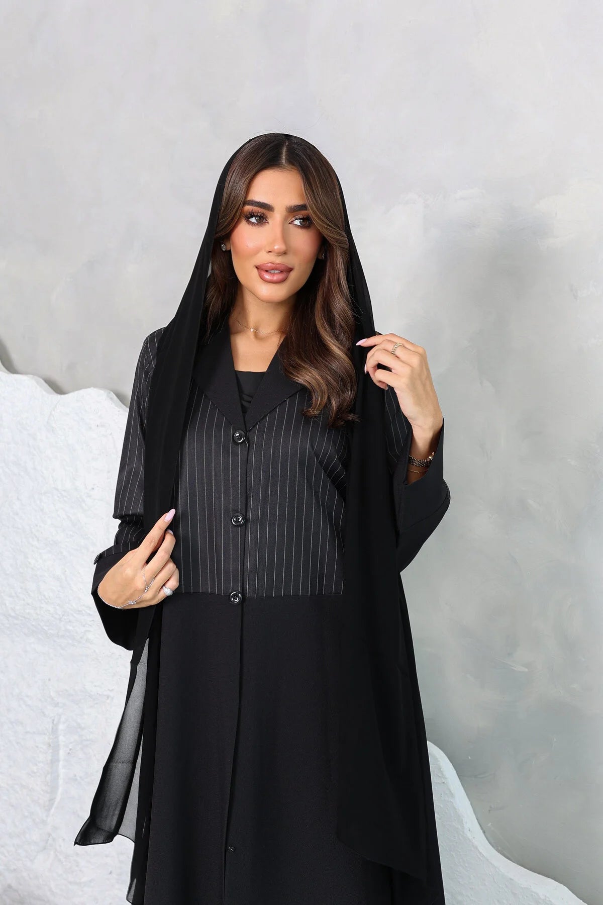 Black Pinstripe Abaya with Coat Collar and Button Detailing
